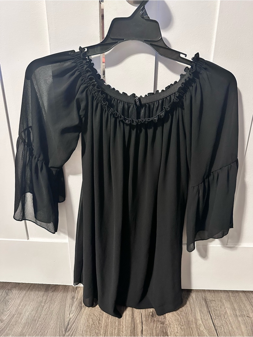 Black Off-Shoulder Ruffle Blouse with Bell Sleeves